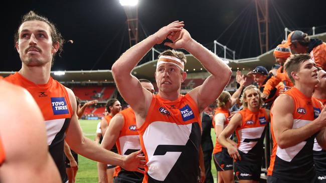 SYDNEY, AUSTRALIA — SEPTEMBER 16: Steve Johnson of the Giants thanks fans and celebrates winning the AFL First Semi Final match between the Greater Western Sydney Giants and the West Coast Eagles at Spotless Stadium on September 16, 2017 in Sydney, Australia. (Photo by Cameron Spencer/Getty Images)