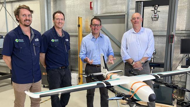 Matthew Worrad, North Australia Centre for Autonomous Systems (NACAS) Drone Operations, Professor Hamish Campbell, North Australia Centre for Autonomous Systems (NACAS) Director, Federal Member for Solomon Luke Gosling OAM MP and Professor Steve Rogers, CDU Deputy Vice-Chancellor Research and Innovation.