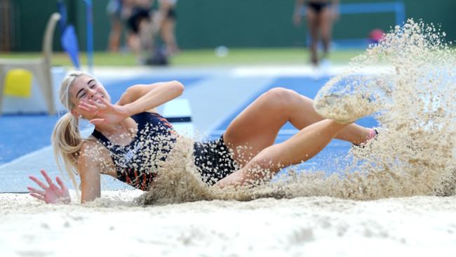 Kayla Cuba in the Triple Jump Queensland athletic state titles. Saturday March 13, 2021. Picture, John Gass