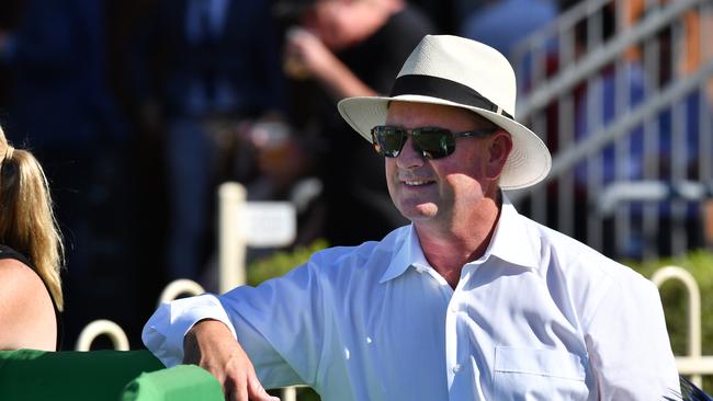 Trainer, Toby Edmonds is seen after his horse Curdled won race 6, the Canadian Club Handicap, during Cascade Race Day at Doomben Racecourse in Brisbane, Saturday, February 9, 2019. (AAP Image/Darren England) NO ARCHIVING, EDITORIAL USE ONLY