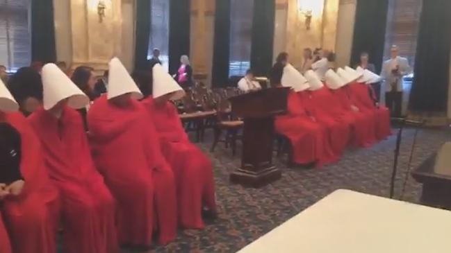 Women dressed as handmaids protest Ohio Abortion Bill. Courtesy: NARAL Pro-Choice Ohio