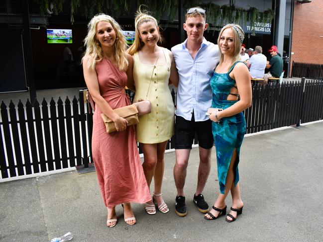 Amy, Loren, Jayden Hanley and Jacqui enjoying all the action at the Ladbrokes Cranbourne Cup on Saturday, November 23, 2024. Picture: Jack Colantuono