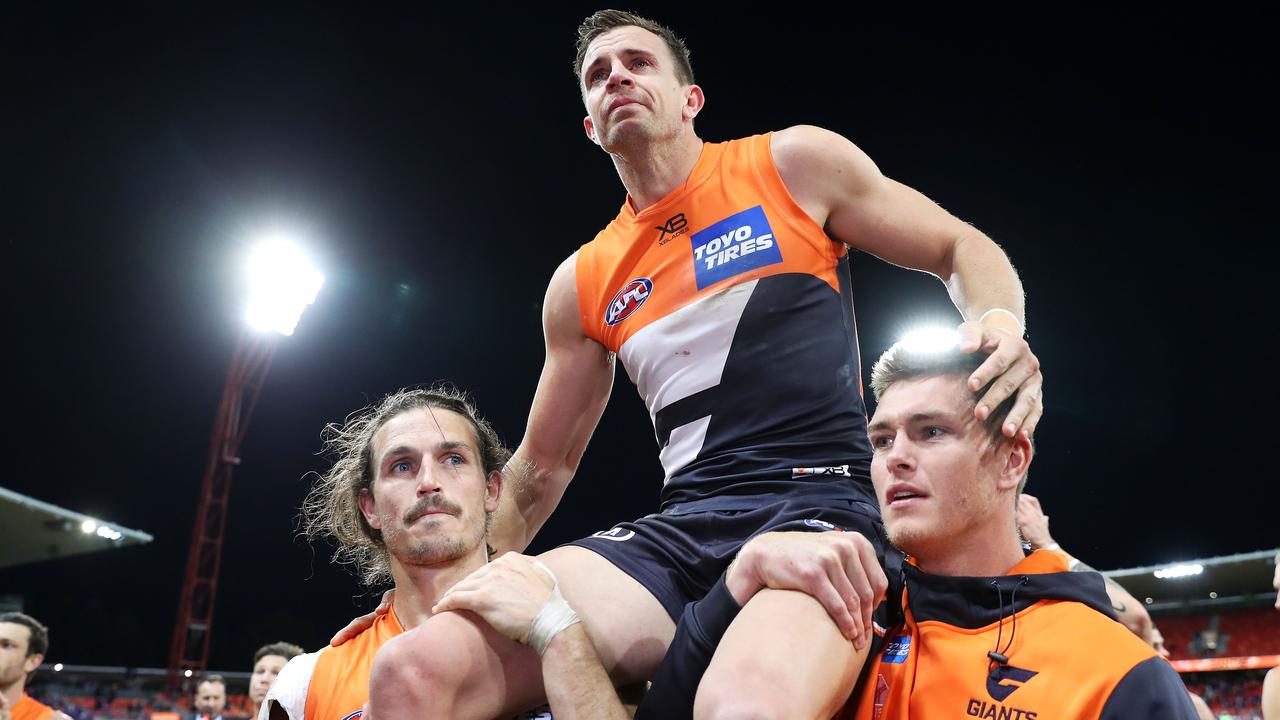 Brett Deledio was chaired off the ground after GWS’ elimination final win over the Western Bulldogs. (Photo by Mark Kolbe/Getty Images)