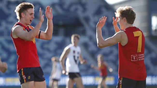 Jackson Mead, left, celebrates a goal with South Australian teammate Dylan Stephens at the 2019 under-18 championships. Picture: Dylan Burns/AFL Photos