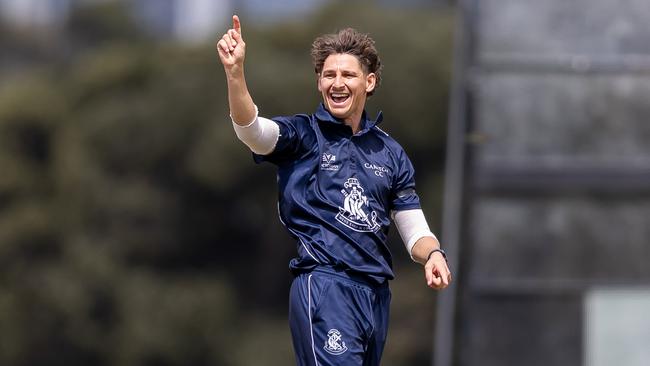 Michael Archer celebrates a wicket. Pictures: Cath Coady