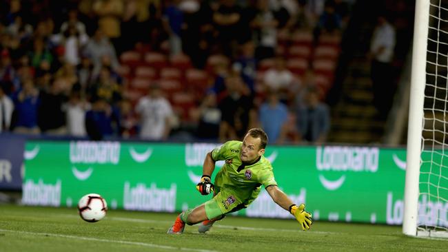 Newcastle goalkeeper Glen Moss tries in vain to save Antonis’ shot. Picture: Getty Images