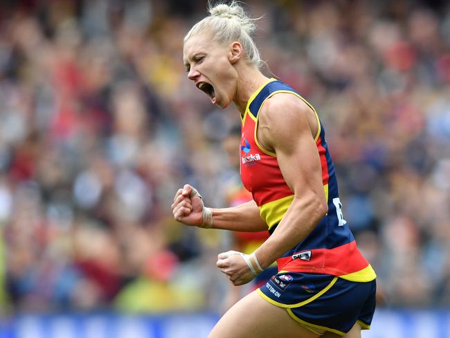 Crows co-captain Erin Phillips scores a goal during the AFLW Grand Final against Carlton at Adelaide Oval on March 31, 2019. The Crows won the game by 45 points and Phillips was named best on ground. Picture: AAP