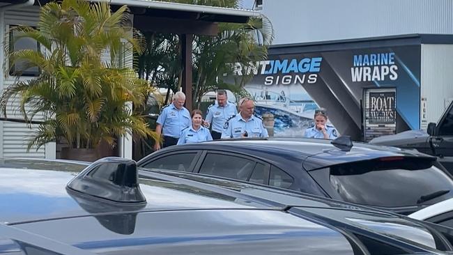 Gold Coast police top brass leaving a Coomera restaurant on Wednesday morning. Picture: Charlton Hart