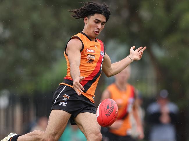 MELBOURNE, AUSTRALIA - APRIL 06: Isaac Kako of the Cannons kicks the ball during the 2024 Coates Talent League Boys Round 3 match between the Calder Cannons and the Northern Knights at Highgate Recreation Reserve on April 06, 2024 in Melbourne, Australia. (Photo by Rob Lawson/AFL Photos)