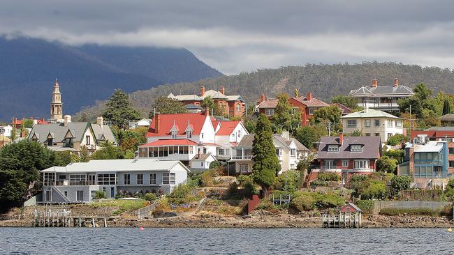 Views of the Hobart waterfront from the River Derwent, properties and homes in Battery Point