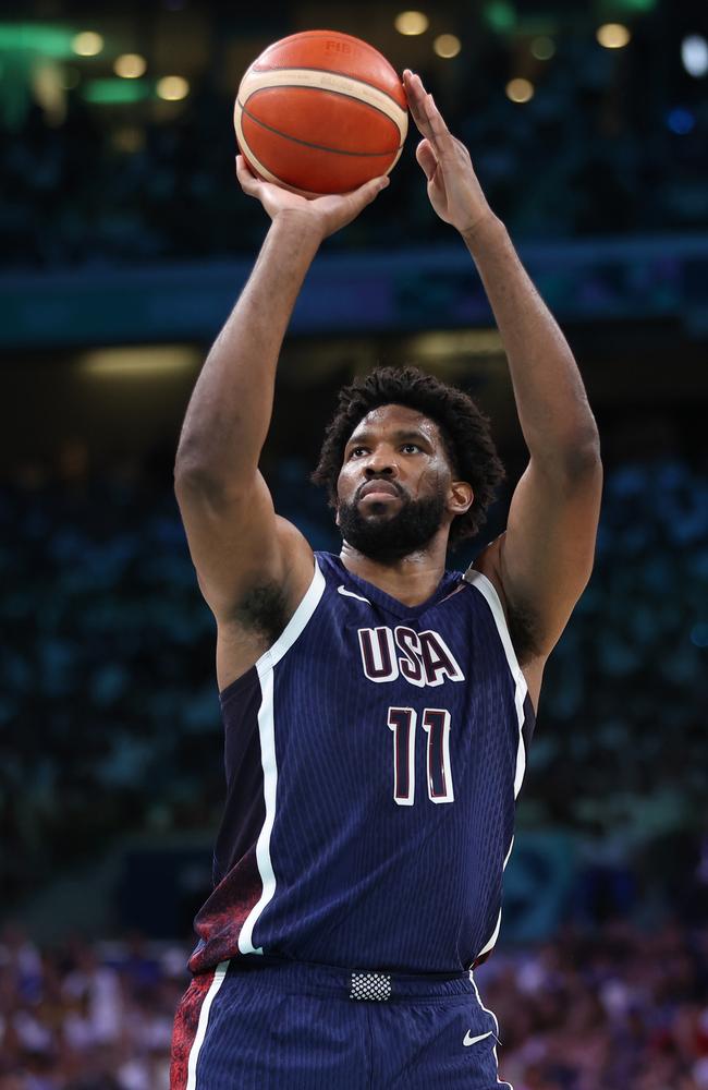 Joel Embiid, pictured playing Serbia, was the only USA player not to take the floor against South Sudan. Picture: Getty Images