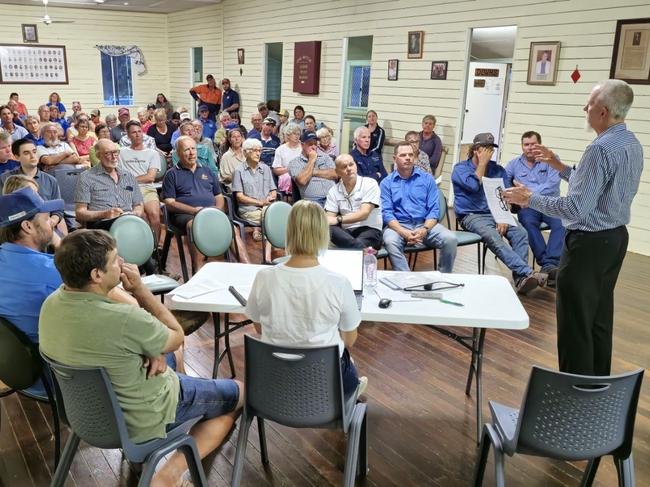 About 70 people, including farmers, Senator Matt Canavan, Rockhampton councillors and officers, attended a meeting about a 53 per cent water price hike for Fitzroy River irrigators on Wednesday, December 11, 2024 at the Alton Downs Hall.