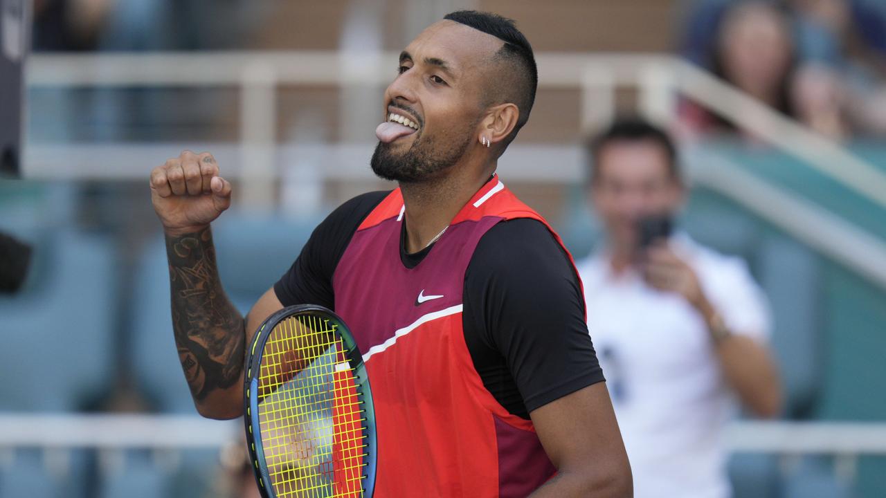 Nick Kyrgios celebrates his straight-sets win over Fabio Fognini. Picture: AFP