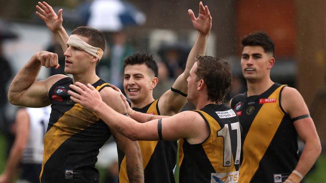 Brayden Sier celebrates a goal for Heidelberg. Picture: Hamish Blair