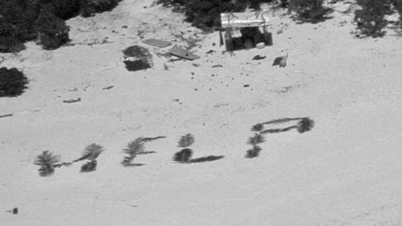 An aircraft spotted the giant “HELP” sign written in palm leaves in the air. Picture: Facebook/U.S. Coast Guard Forces Micronesia