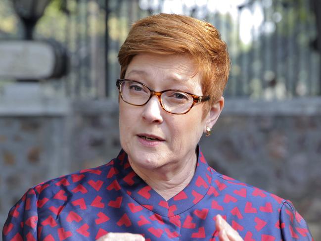 Australian Foreign Minister Marise Payne speaks to journalists in New Delhi, India, Wednesday, Jan. 9, 2019. Payne on Wednesday said that Australia is willing to consider the application of a Saudi Arabian woman, Rahaf Mohammed Alqunun, who has fled her homeland, after the UNHCR assessment is completed. Alqunun arrived in Bangkok from Kuwait late Saturday after slipping away from her family, whom she accused of abusing her. The 18-year-old was stopped by officials in Thailand who confiscated her passport. (AP Photo/Shonal Ganguly)