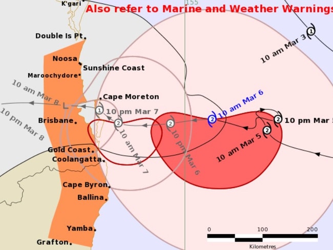 Tropical Cyclone Alfred is tipped to make landfall Saturday morning. Picture: Bureau of Meteorology.