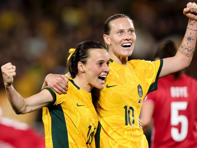 SYDNEY, AUSTRALIA - AUGUST 07: Hayley Raso of Australia celebrates her goal with Emily van Egmond of Australia during the Women's World Cup round of 16 football match between the Australia Matildas and Denmark at Stadium Australia on August 07, 2023 in Sydney, Australia.  (Photo by Damian Briggs/Speed Media/Icon Sportswire via Getty Images)