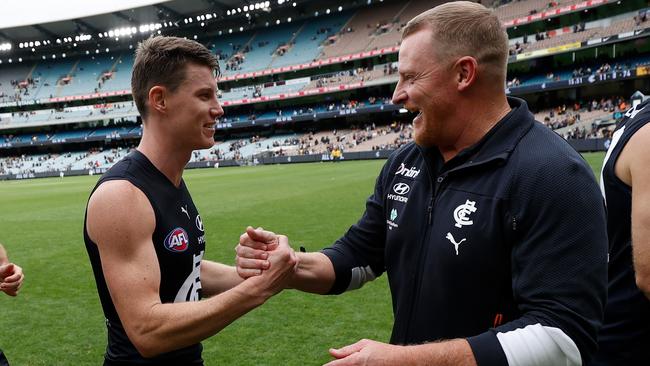 Sam Walsh and Michael Voss celebrate a win. Picture: Getty Images