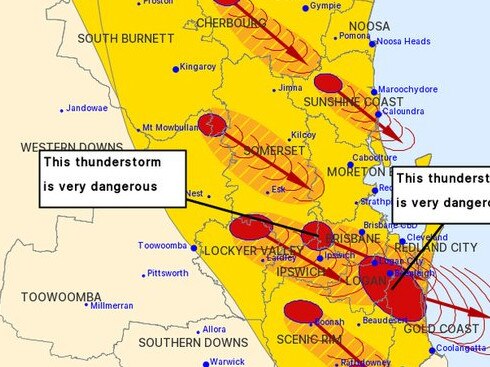 The Bureau of Meteorology warns nine storm cells could be"life threatening" . Picture: Bureau of Meteorology