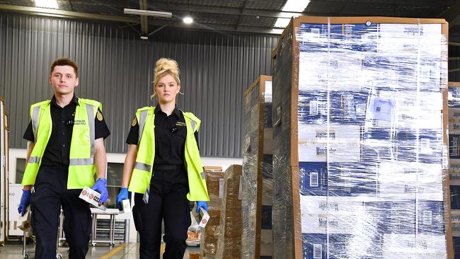 Flynn Ramsay and Rachael Lawrence. ABF Container Examination Facility. Picture: John Gass