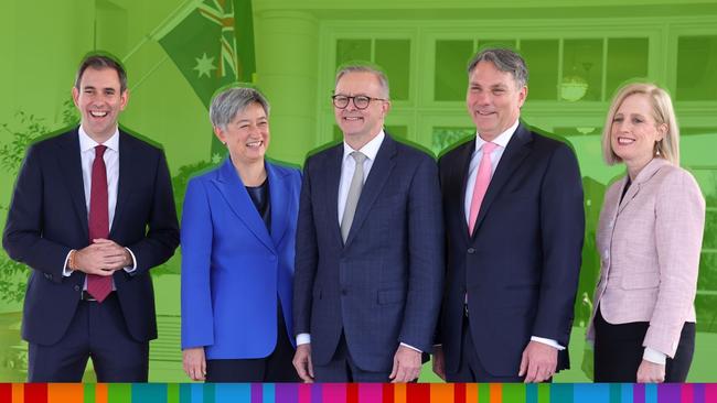 (L-R) Jim Chalmers, Penny Wong, Anthony Albanese, Richard Marles and Katy Gallagher pose for a photograph outside Government House after being sworn in. Picture: David Gray/Getty Images