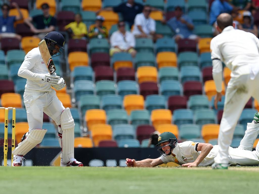 Labuschagne’s stunning catch to remove India’s Varun Aaron. Picture: Dan Peled/AAP Images