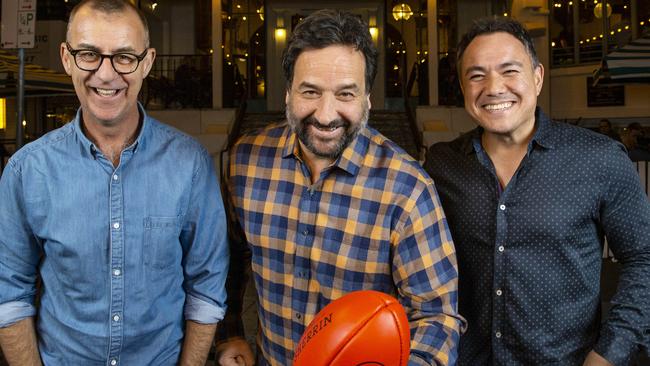 Andy Maher, Mick Molloy and Sam Pang outside The Esplanade Hotel in St Kilda. Picture: Ian Currie