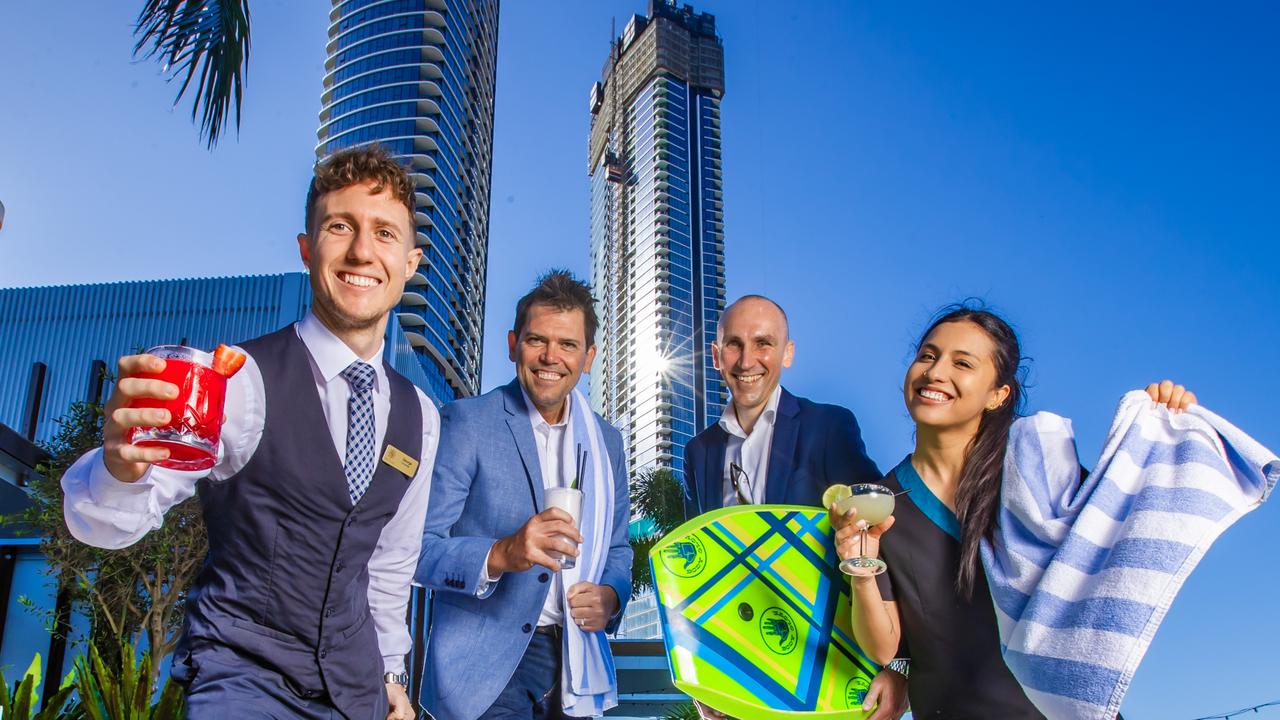 Star Gold Coast is celebrating the topping out of construction of Tower 2 (L-R) George Goldie, Steve McPharlin – General Manager Hotels The Star Gold Coast, Silas Croucher – Project Director – Destination Gold Coast Consortium and Daniela Gamez Naranjo.,, Picture: Supplied