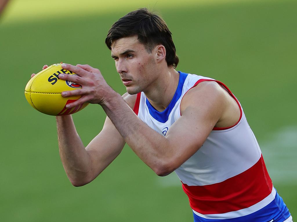 ADELAIDE, AUSTRALIA - AUG 11: Sam Darcy of the Bulldogs lines up for goal during the 2024 AFL Round 22 match between the Adelaide Crows and the Western Bulldogs at Adelaide Oval on August 11, 2024 in Adelaide, Australia. (Photo by Sarah Reed/AFL Photos via Getty Images)