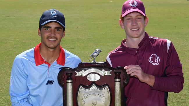 NSW Metro captain Joel Davies and Queensland Metro captain Hugh Weibgen before the grand final at Karen Rolton Oval 22 December, 2022, Cricket Australia U19 Male National Championships 2022-23.Picture: Cricket Australia.