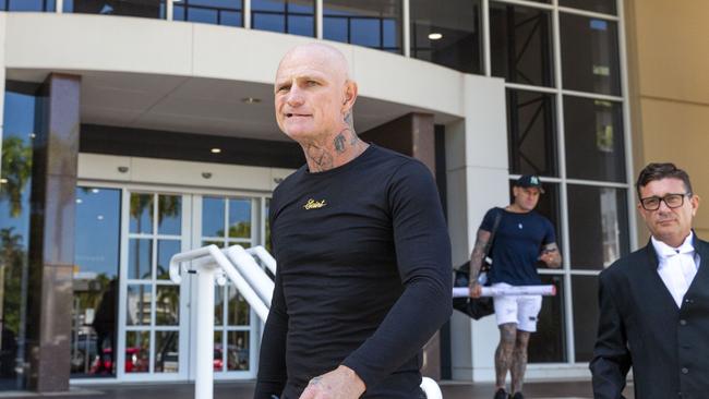 Mongols national president Nick 'The Knife' walking with his defence barrister Michael Gatenby outside of the Supreme Court of the Northern Territory. Picture: Floss Adams.