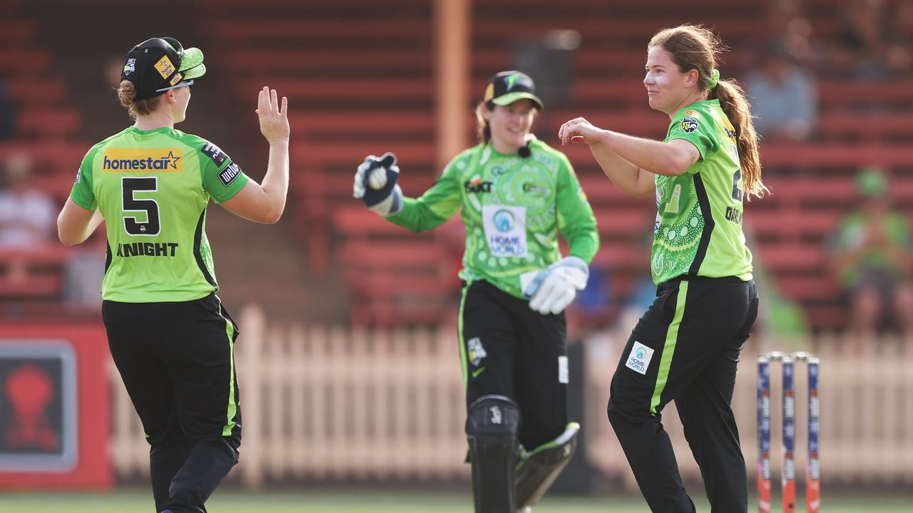 Hannah Darlington of the Thunder celebrates taking the wicket of Alice Capsey. Photo by Mark Metcalfe/Getty Images