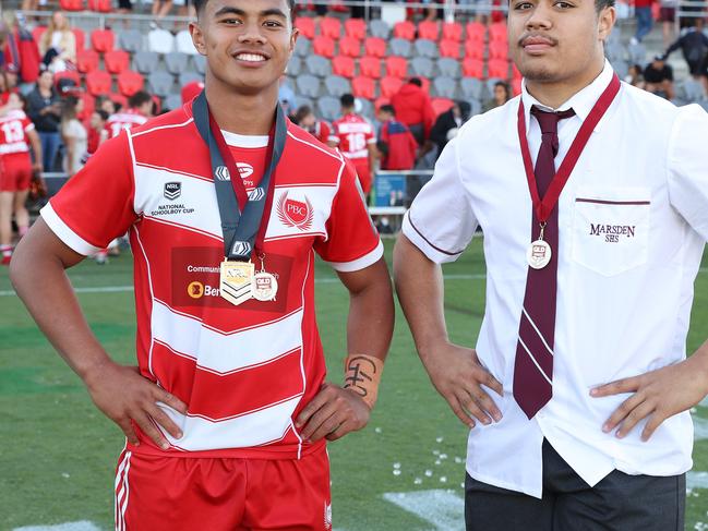 Justin Hodges medallistÃs PBC Keano Kini and Marsden SHS Chris Faagutu. Queensland Schoolboy Phil Hall Cup rugby league grand final between Palm beach Currumbin SHS and St Brendan's College, Redcliffe. Picture: Liam Kidston