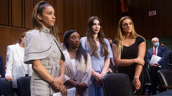 US Olympic gymnasts Aly Raisman, Simone Biles, McKayla Maroney and Maggie Nichols at a Senate judiciary hearing about the Inspector General's report on the FBI handling of the Larry Nassar investigation of sexual abuse of Olympic gymnasts in September. Picture: AFP