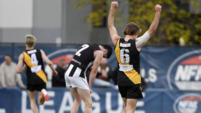 Heidelberg’s Brody Tardio celebrates on the final siren. Picture: Andrew Batsch