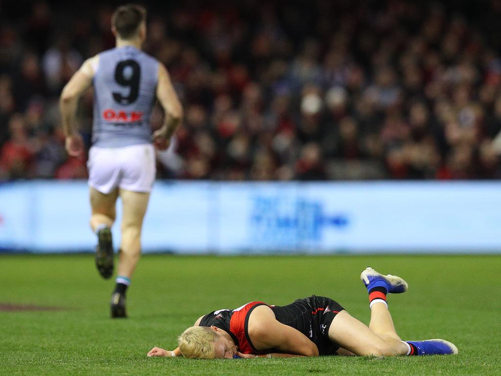 Orazio Fantasia lays on the ground after a clash with Robbie Gray. Picture: Getty Images