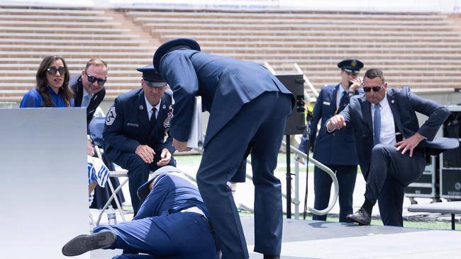 Joe Biden falls during the graduation ceremony at the United States Air Force Academy in 2023. Picture: AFP