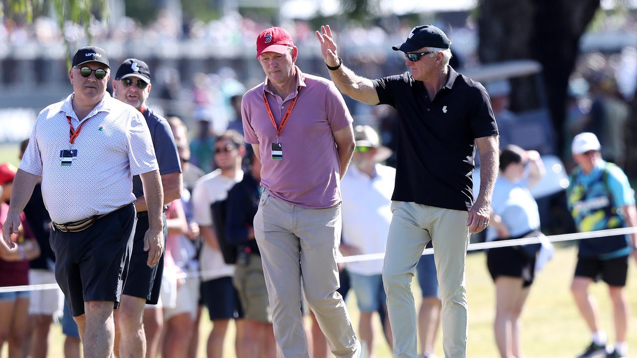 Greg Norman, Commissioner of Liv waves to fans in Adelaide. (Photo by Sarah Reed/Getty Images)