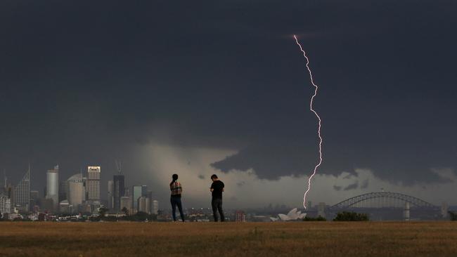 Lightning over Sydney as the storm approaches Sydney from the south. Picture: Richard Dobson