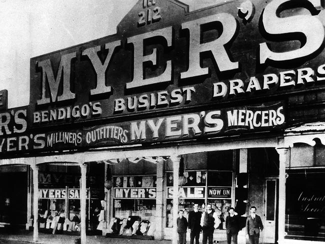 Sidney Myer, third from left, outside the first Myer shop at Bendigo in 1910.