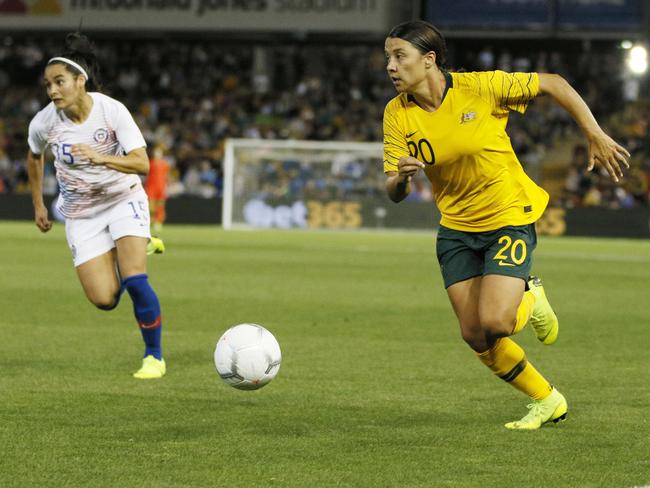 Sam Kerr of the Matildas controls the ball against Chile late last year. Picture: AAP/Darren Pateman