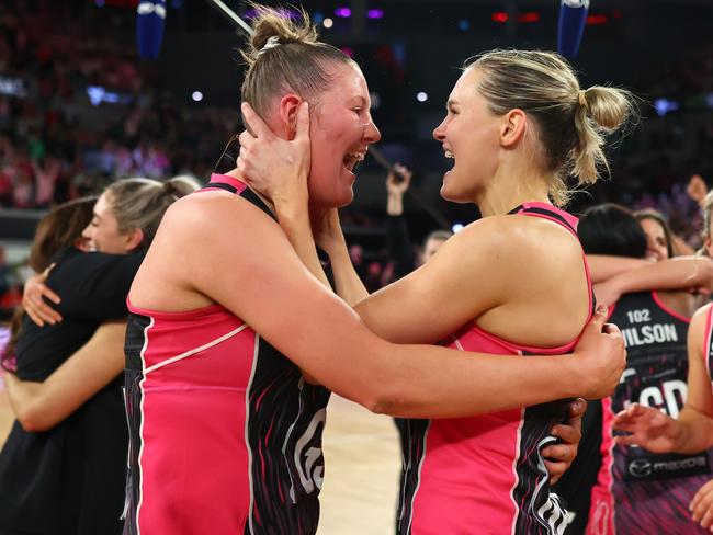MELBOURNE, AUSTRALIA - JULY 08: Lucy Austin and Tippah Dwan of the Thunderbirds celebrates victory during the 2023 Super Netball Grand Final match between Adelaide Thunderbirds and NSW Swifts at John Cain Arena on July 08, 2023 in Melbourne, Australia. (Photo by Graham Denholm/Getty Images)