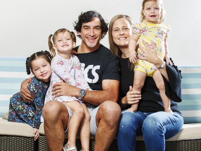 Cowboys Legend Johnathan Thurston with wife Samantha, with daughters Frankie 5, Charlie 3, and Lillie 18 months. The couple is expecting their fourth child. Photo Lachie Millard