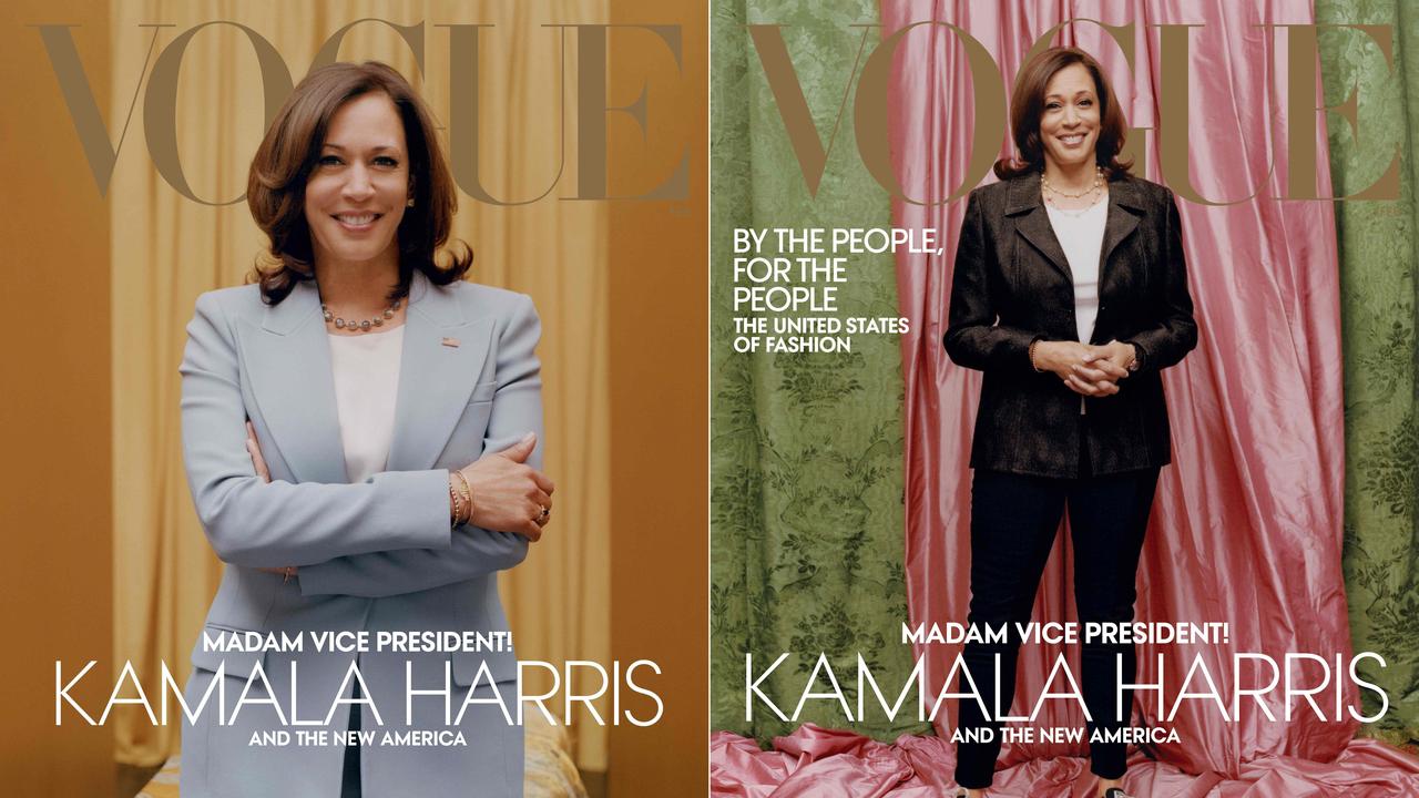 Kamala Harris in a Michael Kors Collection suit on the February 2021 cover of Vogue magazine (left) and against colours inspired by those of her Howard university sorority, Alpha Kappa Alpha, Harris (right) wearing a Donald Deal jacket and Converse sneakers on the February 2021 cover of Vogue magazine.