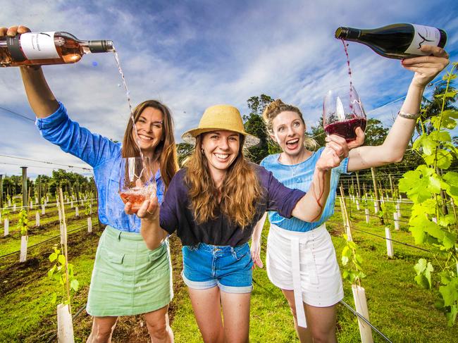 Australians encouraged to buy Australian wines. Witches Falls Winery in the Scenic Rim Karin Garland, Ren Dalgarno and Kathryn Sowter. Picture: Nigel Hallett