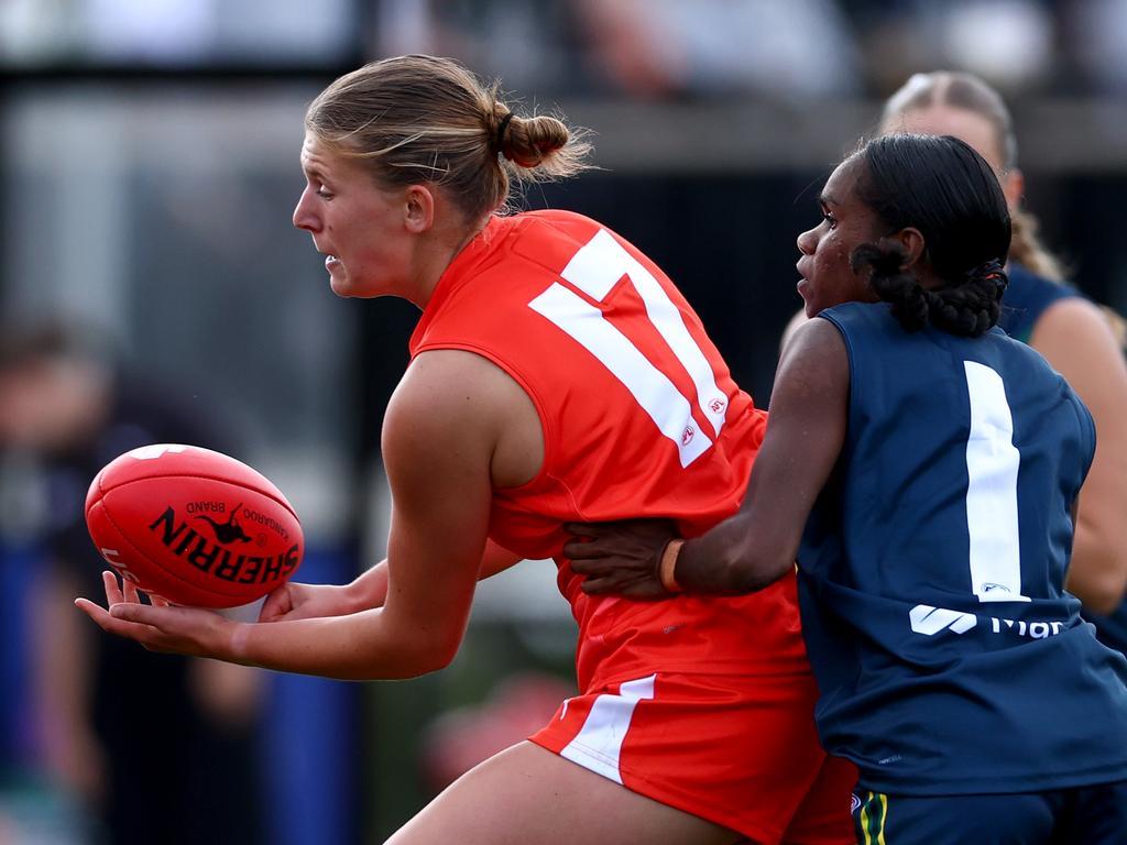 Harriet Bingley (17) is one of five players to watch for the Tasmania Devils girls side in the Coates Talent League (Photo by Josh Chadwick/AFL Photos/via Getty Images)