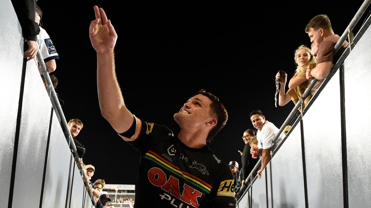 Nathan Cleary of the Panthers thanks fans after the NRL Semi-final match between Penrith Panthers and Parramatta Eels at BB Print Stadium on September 18, 2021 in Mackay, Australia. Picture: Matt Roberts