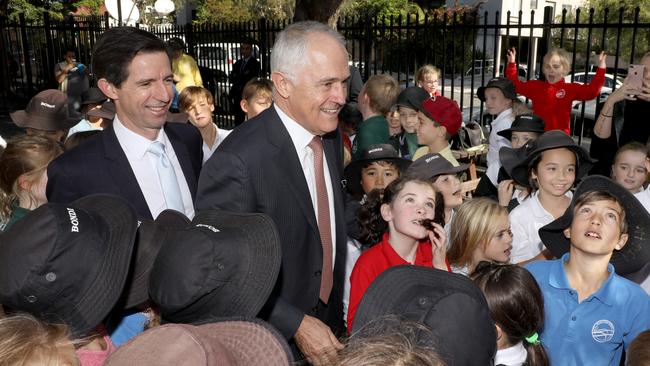 Prime Minister Malcolm Turnbull visits a school with Education Minister Simon Birmingham. Picture: Chris Pavlich