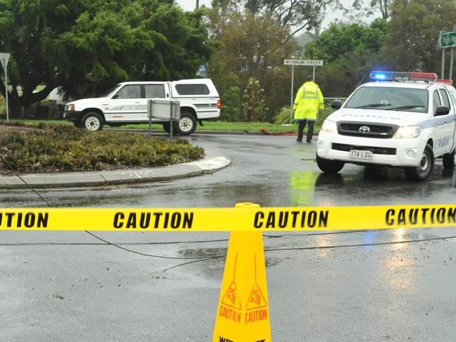 Ex Tropical Cyclone hits South East Queensland - Fallen powerlines on Tingal Road, outside Wynnum RSL